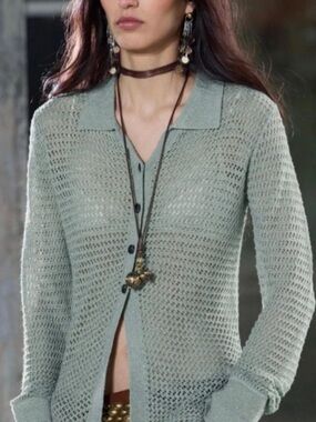Zara Light Sage Open-Knit Collared Cardigan Sweater